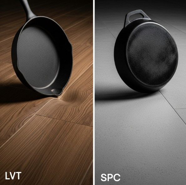 На LVT-плитке от падения сковороды осталась вмятина, в то время как SPC-плитка осталась невредимой.