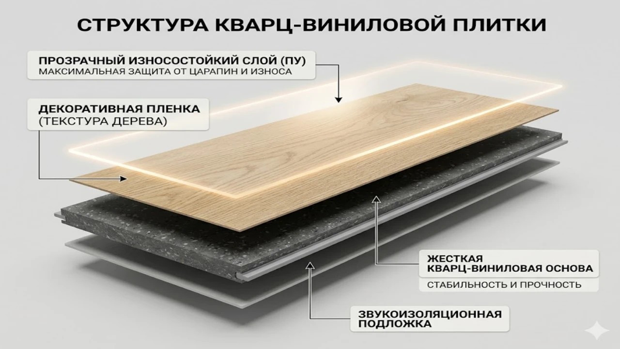 Структура кварц-винила и полиуретановый защитный слой