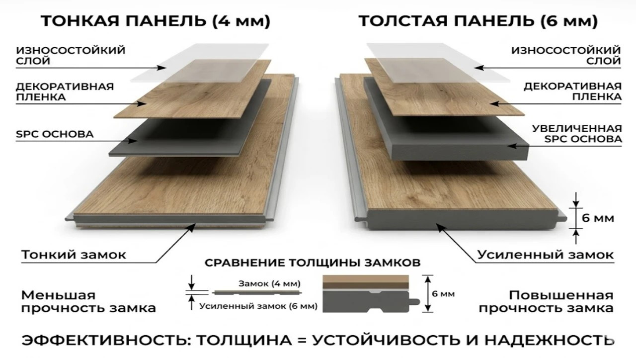 Сравнение слоев и толщины замков кварц-винила 4 мм и 6 мм