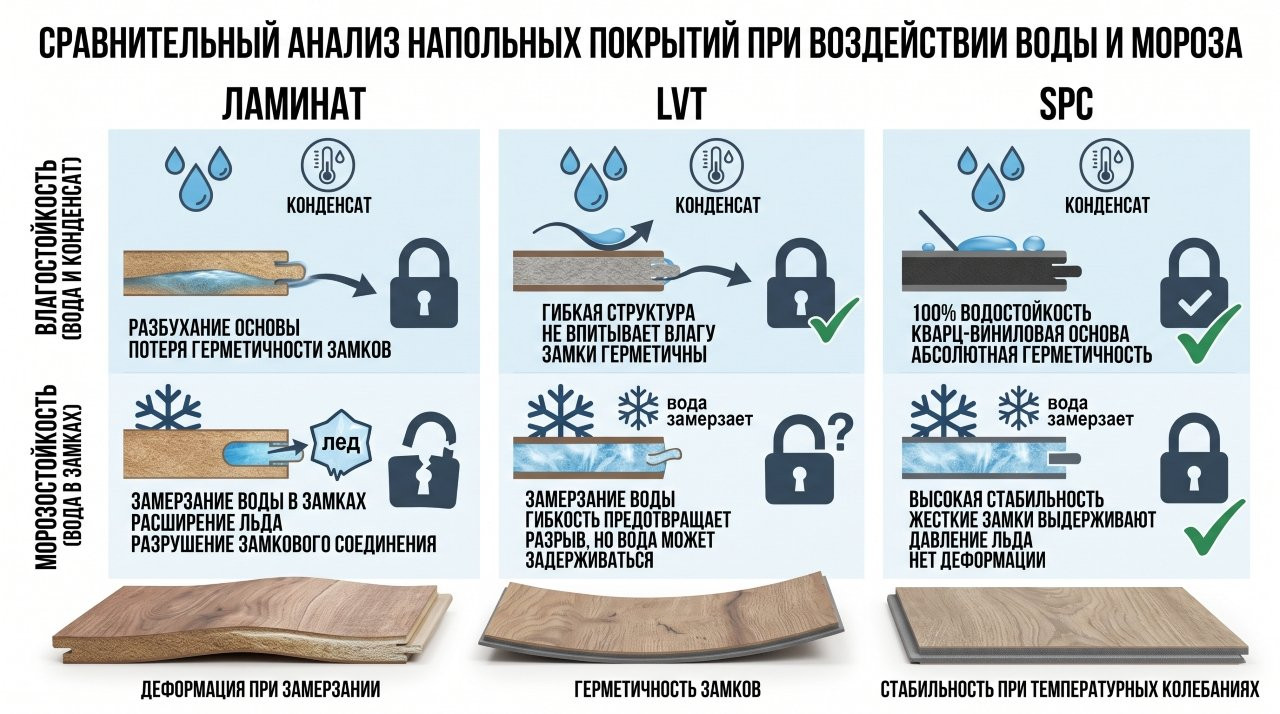 Инфографика сравнения характеристик ламината, LVT и SPC на морозе