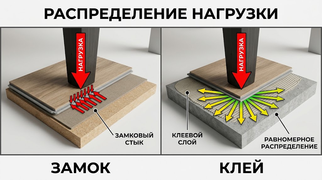 Инфографика распределения нагрузки на замковый и клеевой кварц-винил